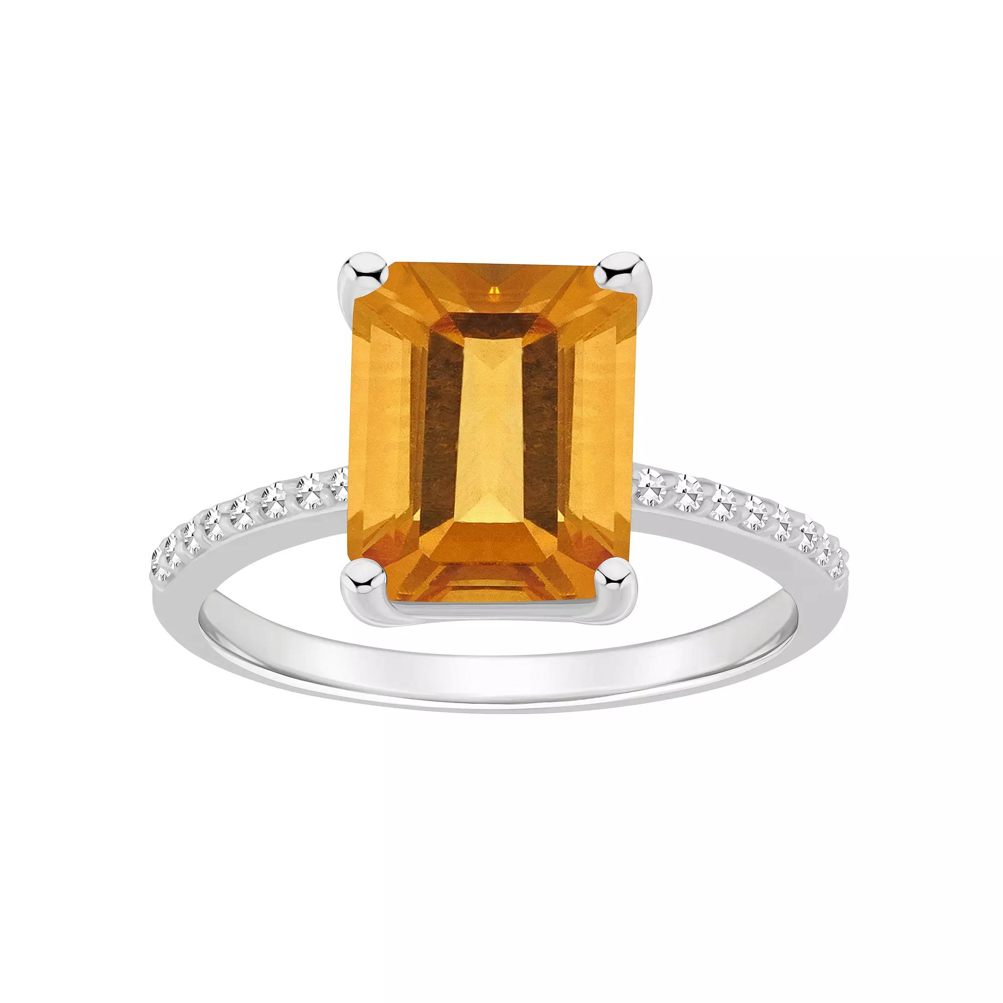 Alyson Layne Sterling Silver 10 mm x 8 mm Emerald Cut Gemstone & 1/10 Carat T.W. Diamond Ring, Women's, Size: 7, Citrine Product Image