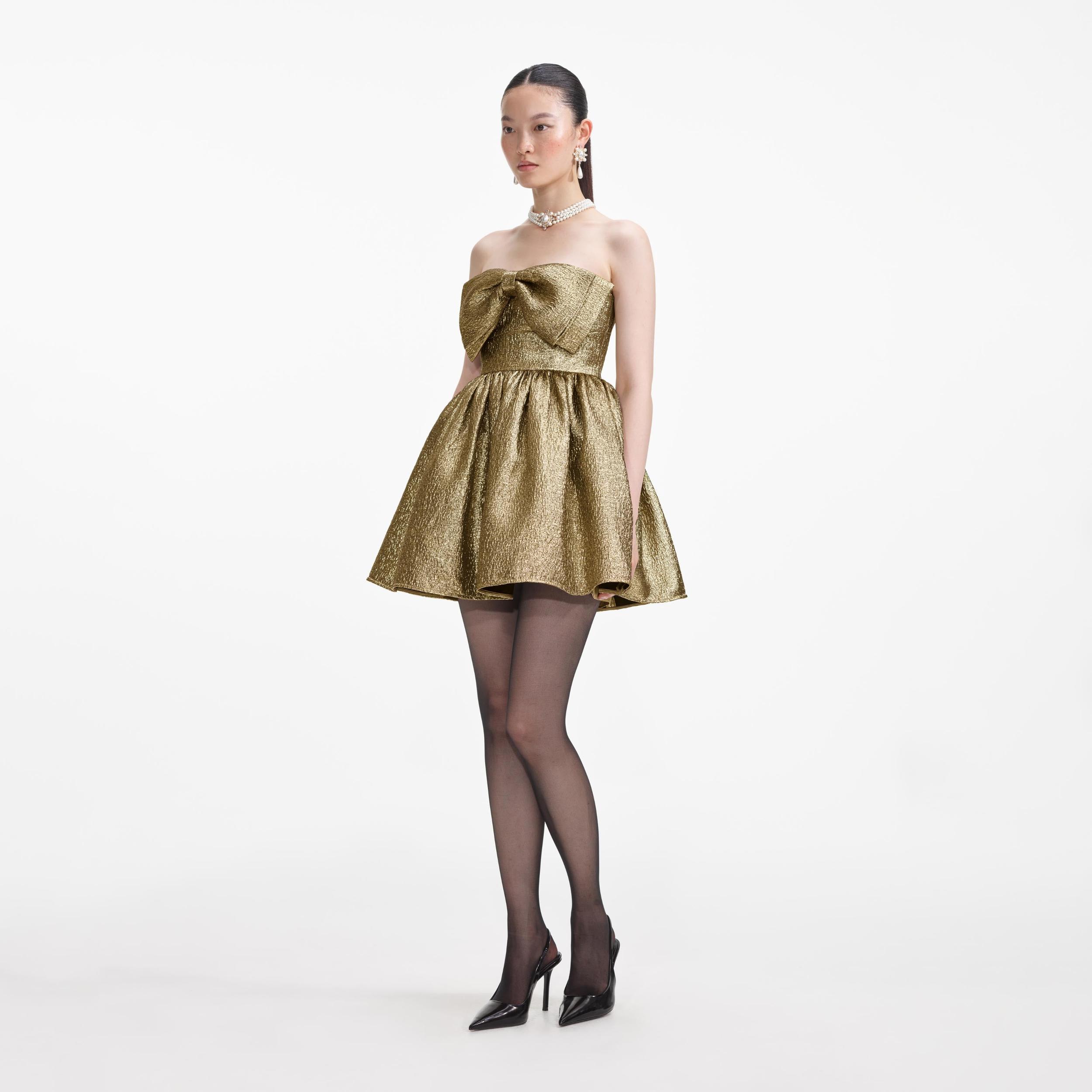 Gold Metallic Jacquard Mini Dress Product Image
