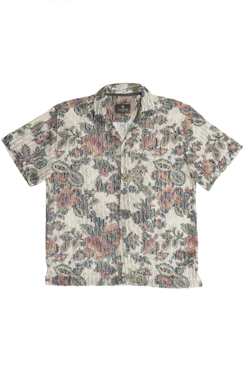 Printed Floral Open Knit Button Up Shirt Product Image