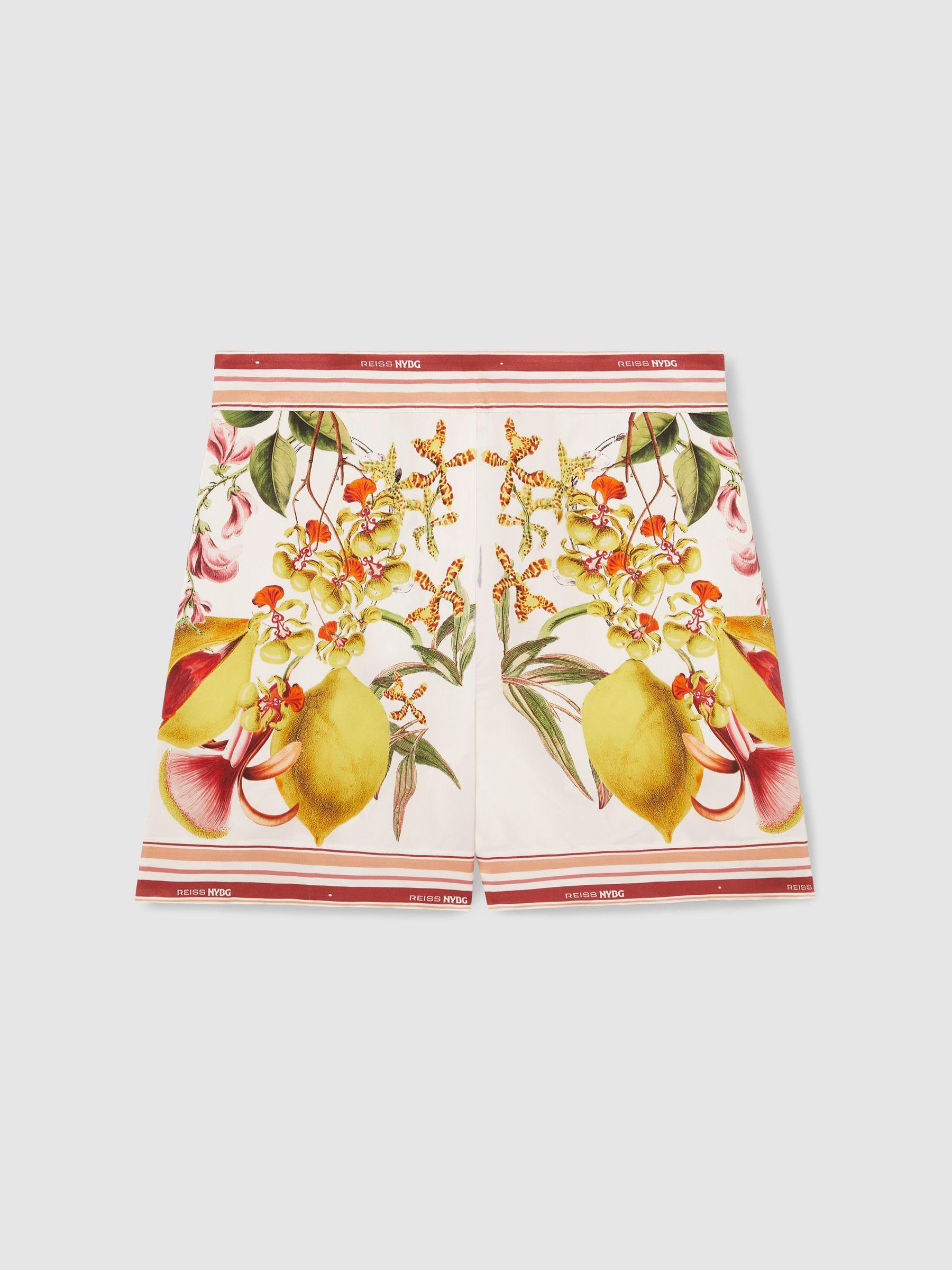 Reiss | NYBG Satin Floral-Print Shorts in Ivory Product Image