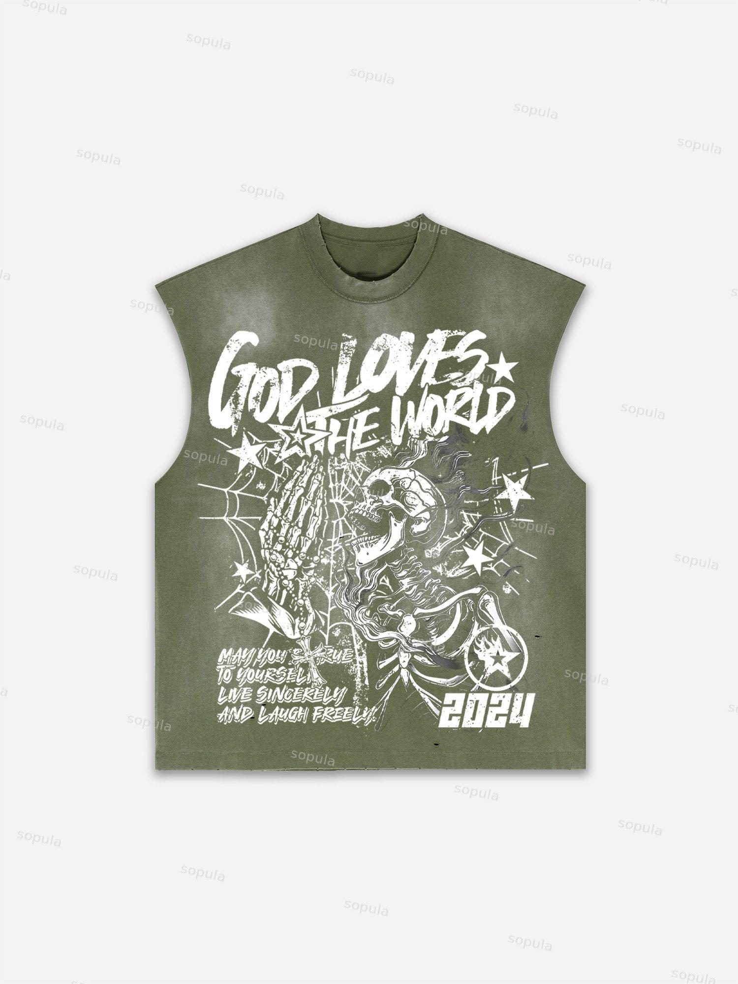 Men's Washed Street God Loves The World Graphic Tank Top Product Image