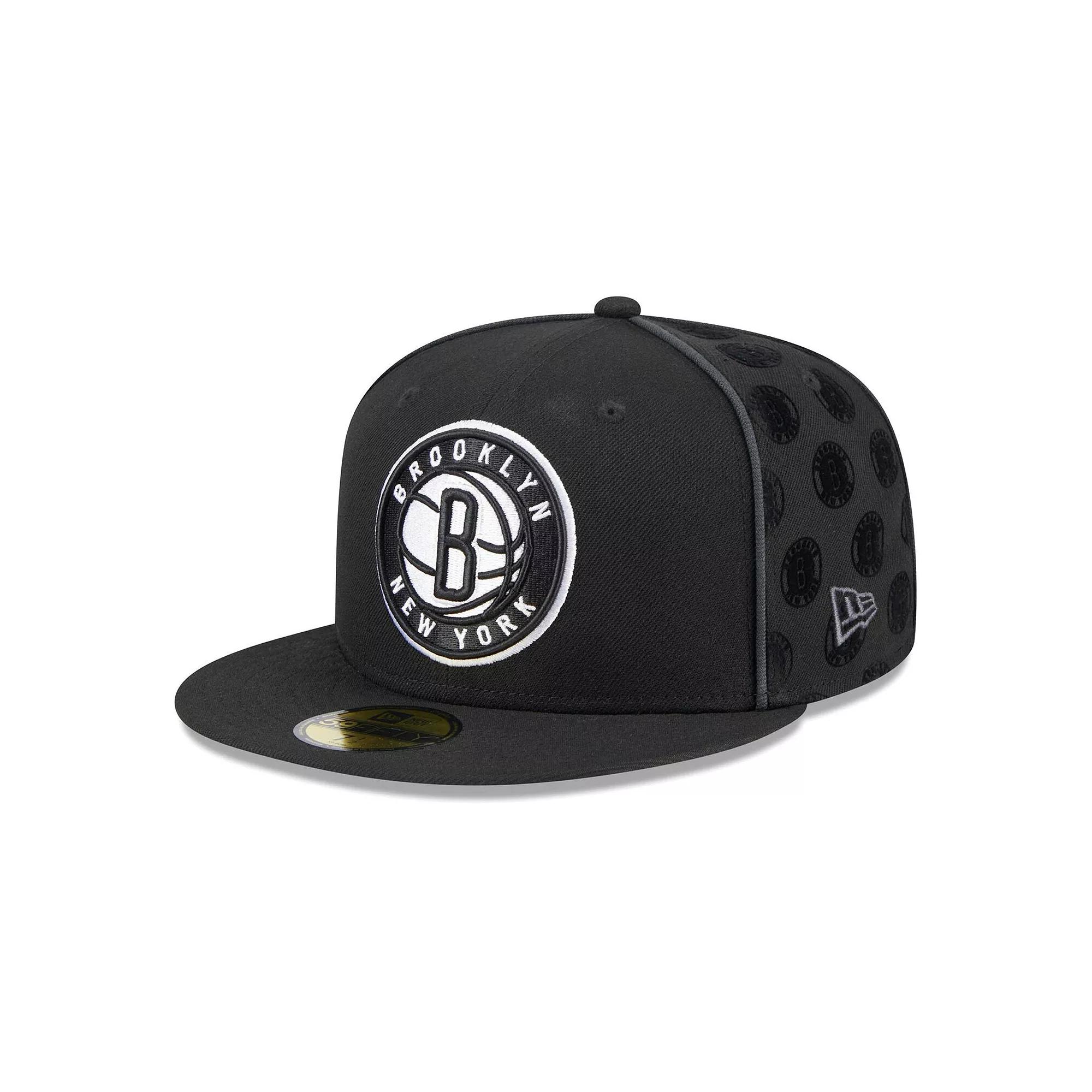 Men's New Era Black Brooklyn Nets Piped & Flocked 59Fifty Fitted Hat,  Product Image