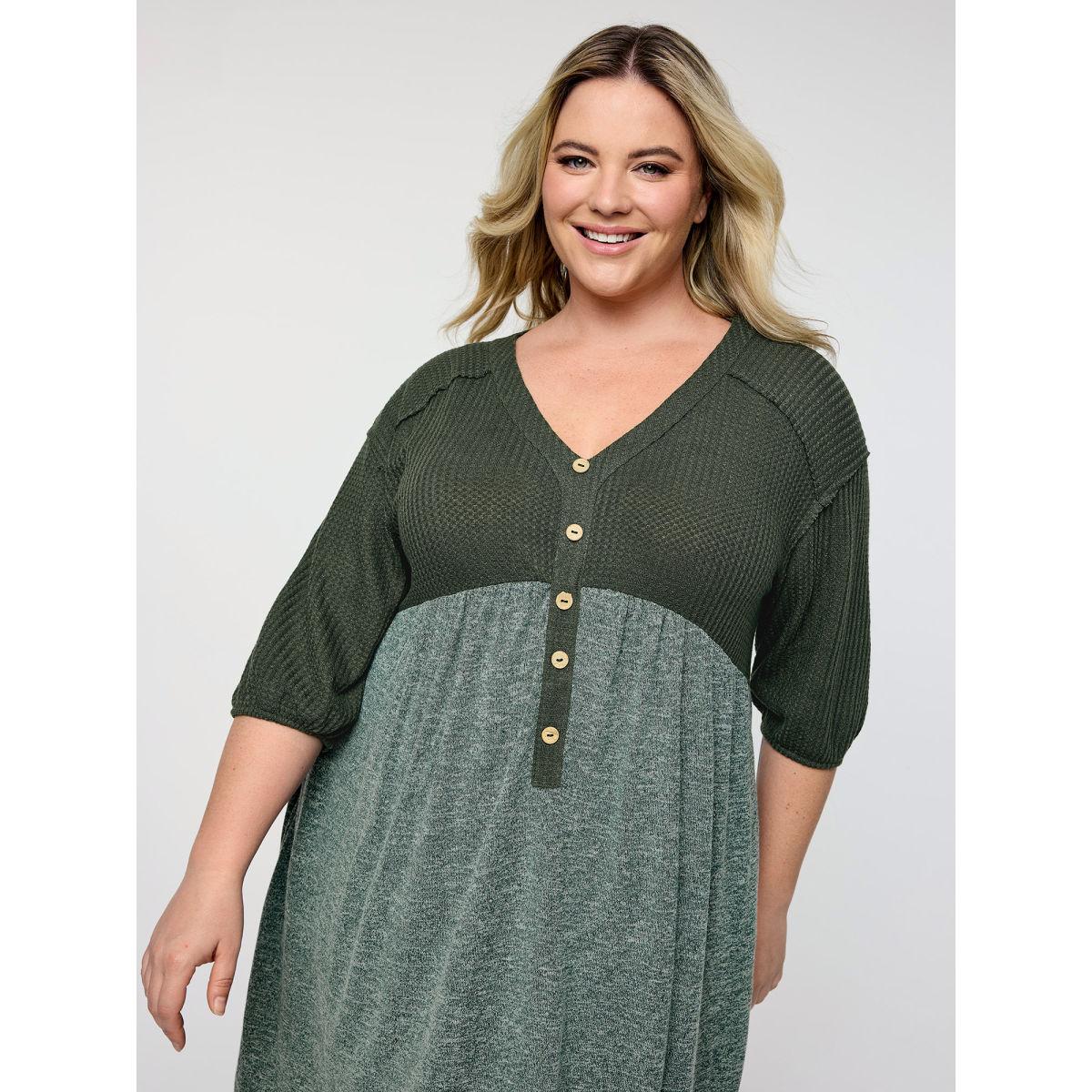 Plus Size Textured Drop Shoulder Patchwork Knit Dress Teal Women Knit Dresses Bloomchic 26/4X Product Image