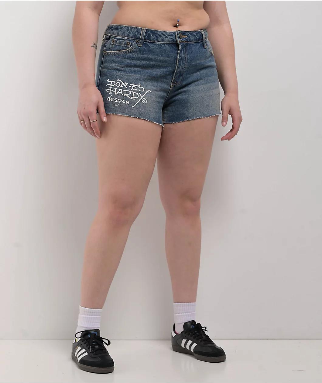 Ed Hardy Orchids Medium Vintage Blue Cutoff Shorts Product Image