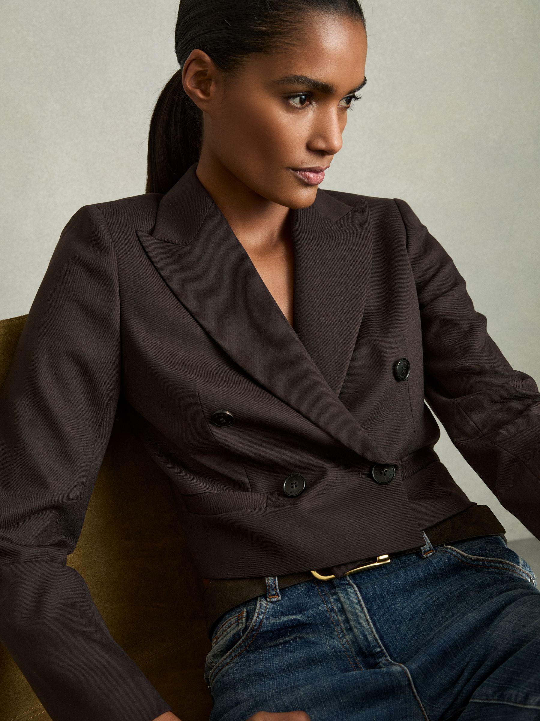 Double-Breasted Cropped Blazer Wool-Blend in Chocolate Brown Product Image
