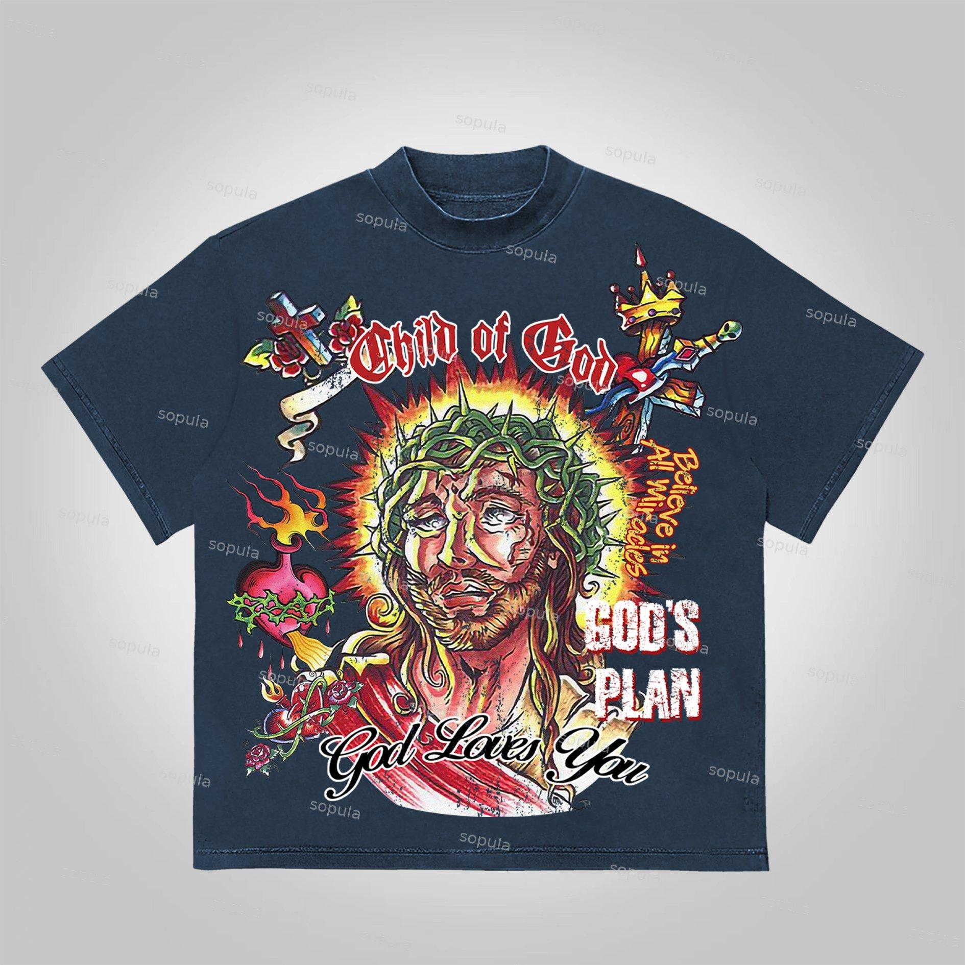 Sopula Jesus Portrait Faith Cross Graphic Print Cotton T-Shirt Product Image