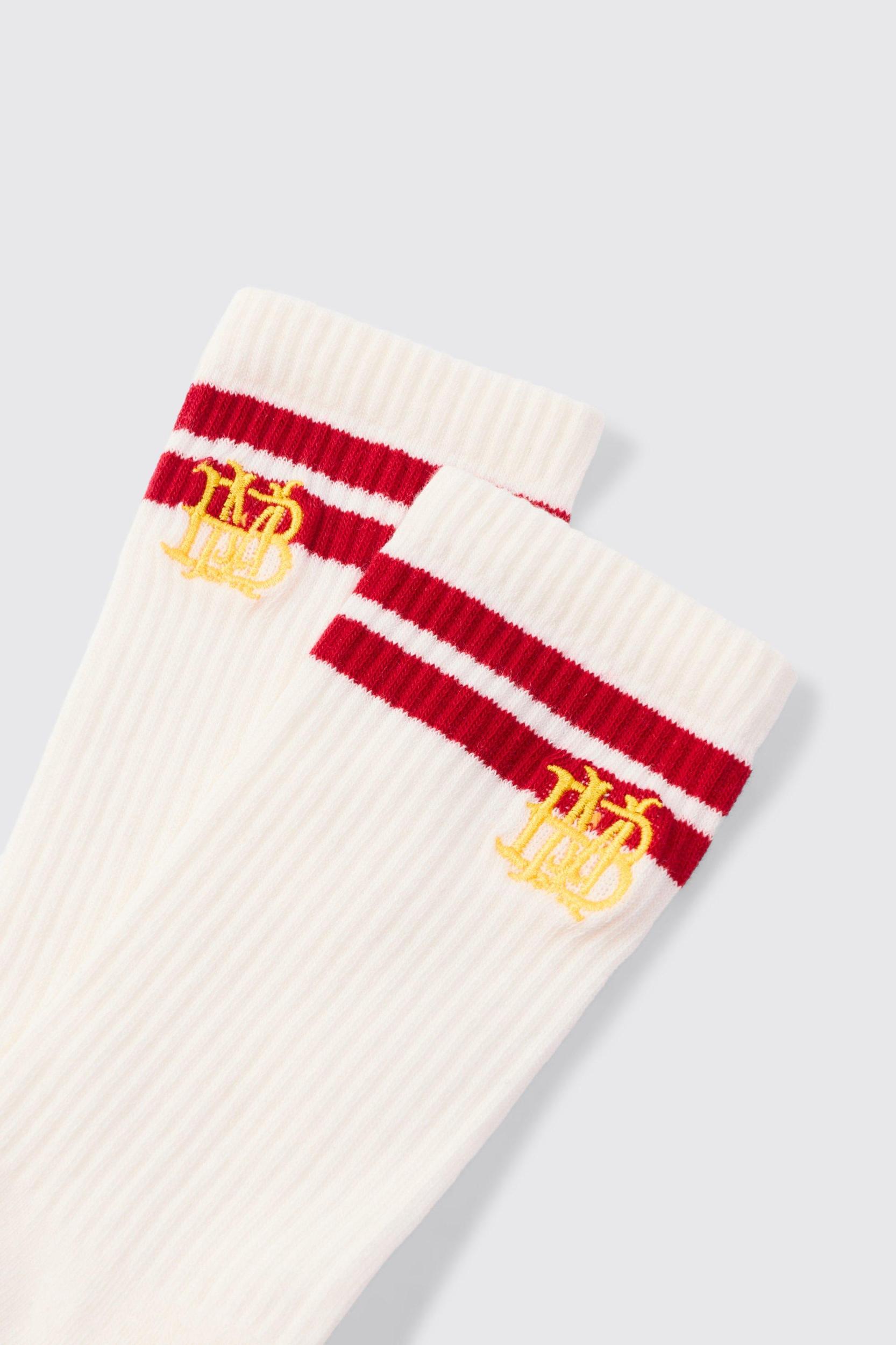 BM Embroidered Half Terry Stripe Socks In White | boohooMAN USA Product Image
