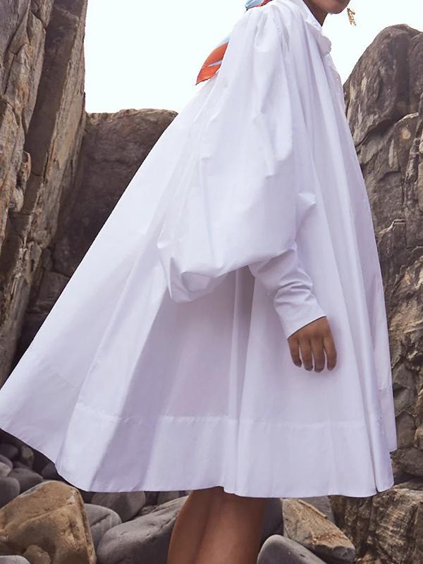 Long Sleeves Loose Buttoned Solid Color Stand Collar Mini Dresses Shirt Dress Product Image