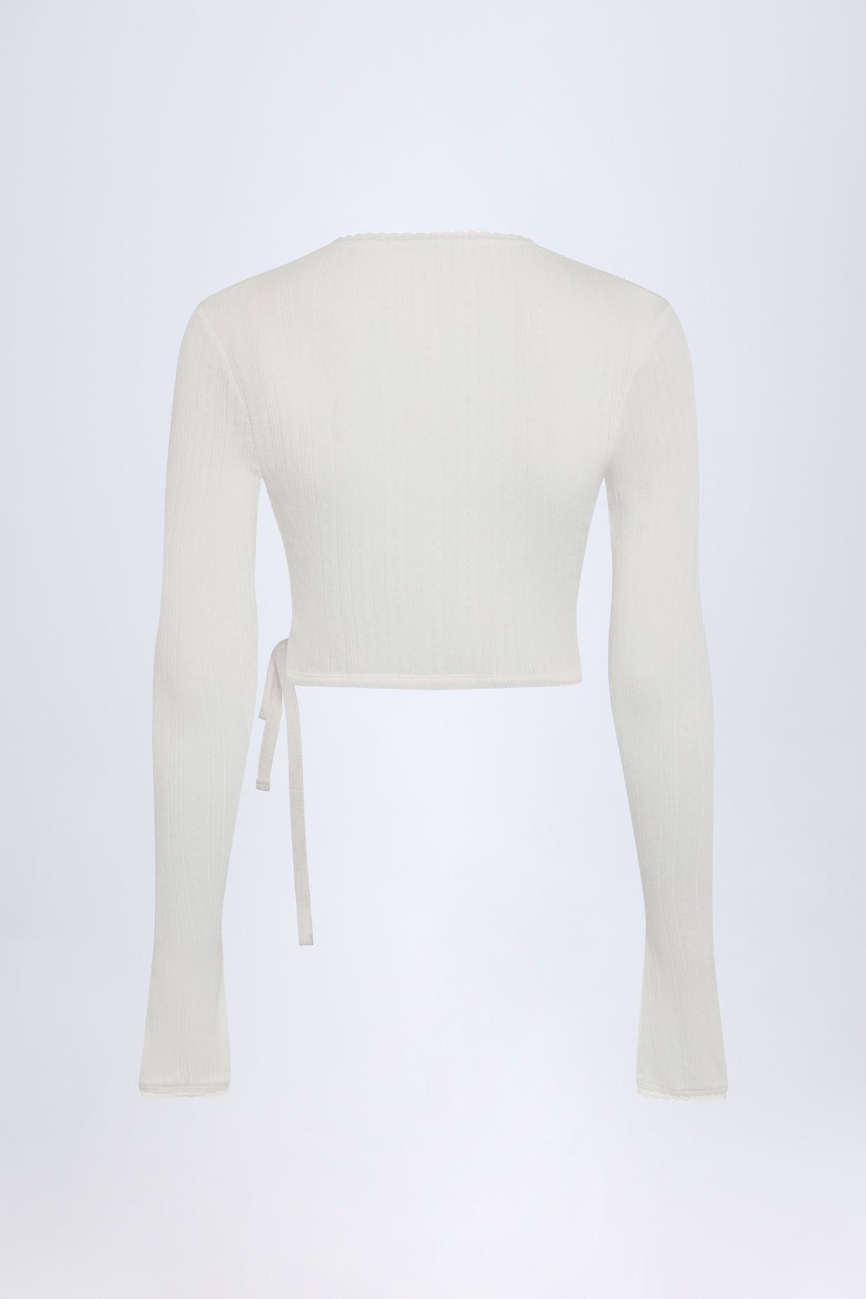 Pointelle Wrap Crop Top in White Product Image