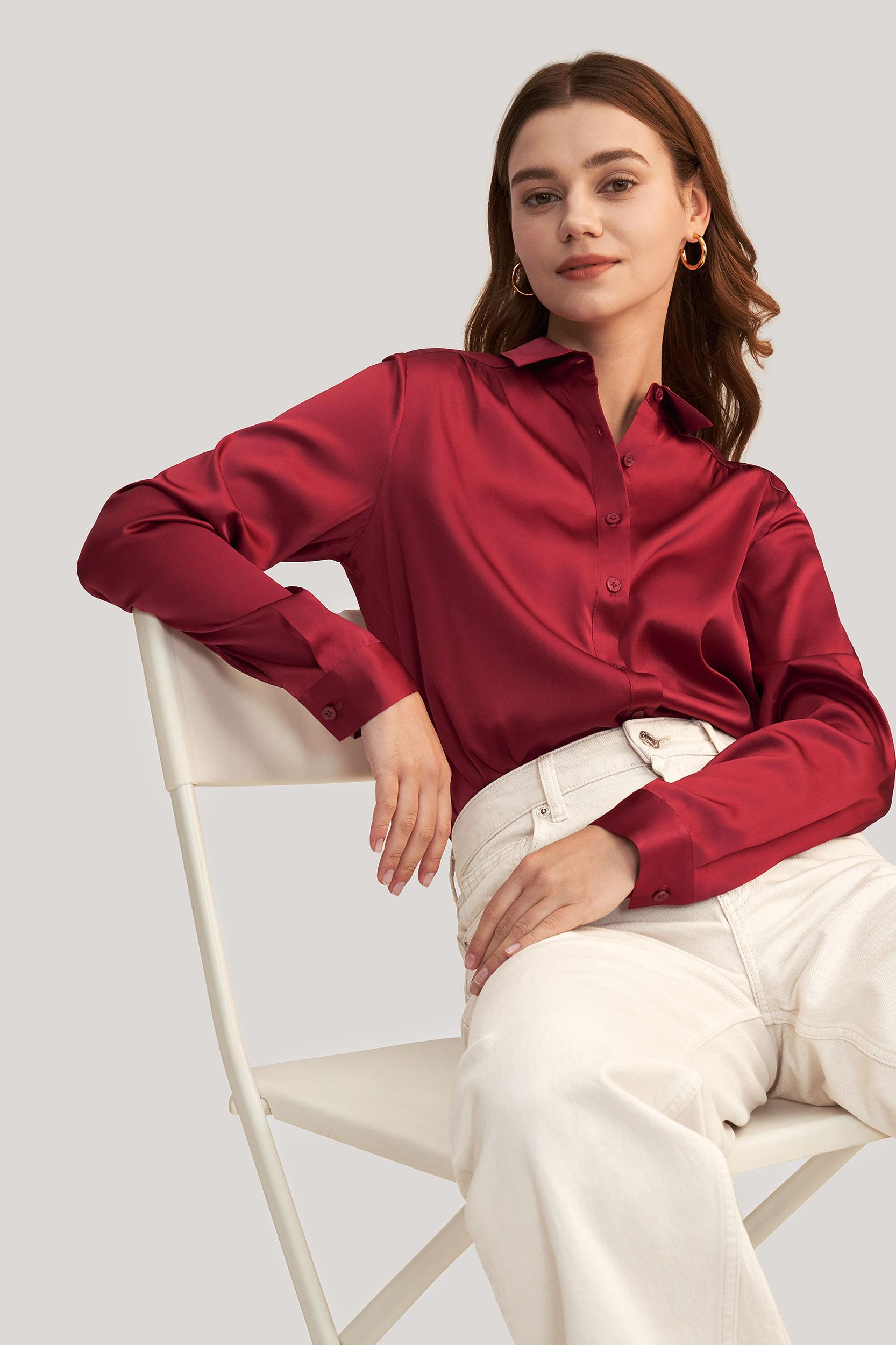 Long Sleeves Collared Silk Blouse Product Image