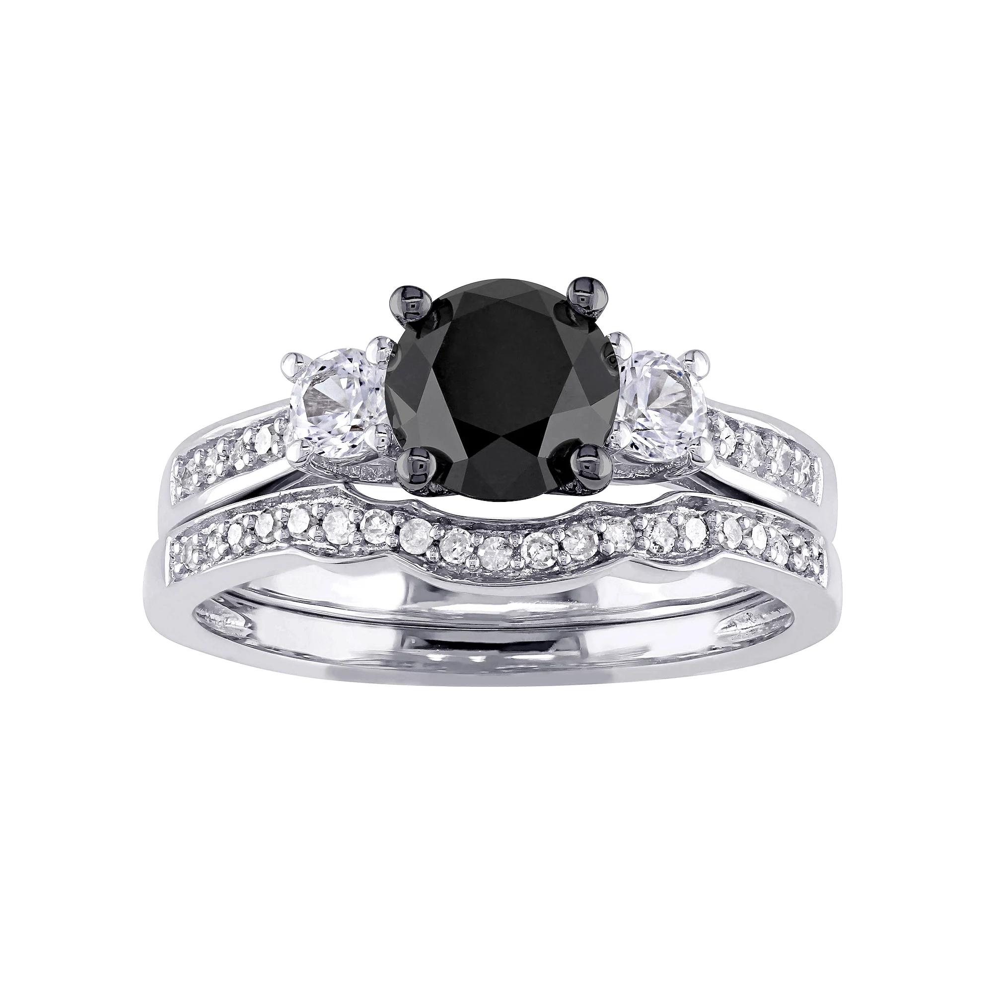 Stella Grace 10k White Gold 7/8 Carat T.W. Black & White Diamond & Lab-Created White Sapphire Engagement Ring Set, Womens, 10k Whgold Product Image