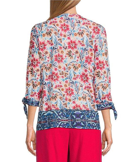 Allison Daley Pomegranate Floral Vine Border 3/4 Tie Sleeve Keyhole Neck Knit Top Product Image