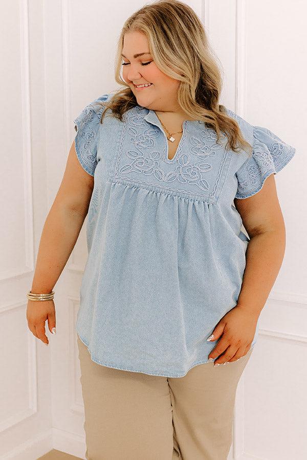 Farmers Market Cutie Embroidered Chambray Top in Light Wash Curves Product Image