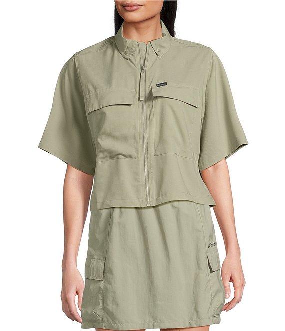 Columbia Elevated Utility Woven Snap Collar Short Sleeve Chest Pocket Front Zip Shirt Product Image