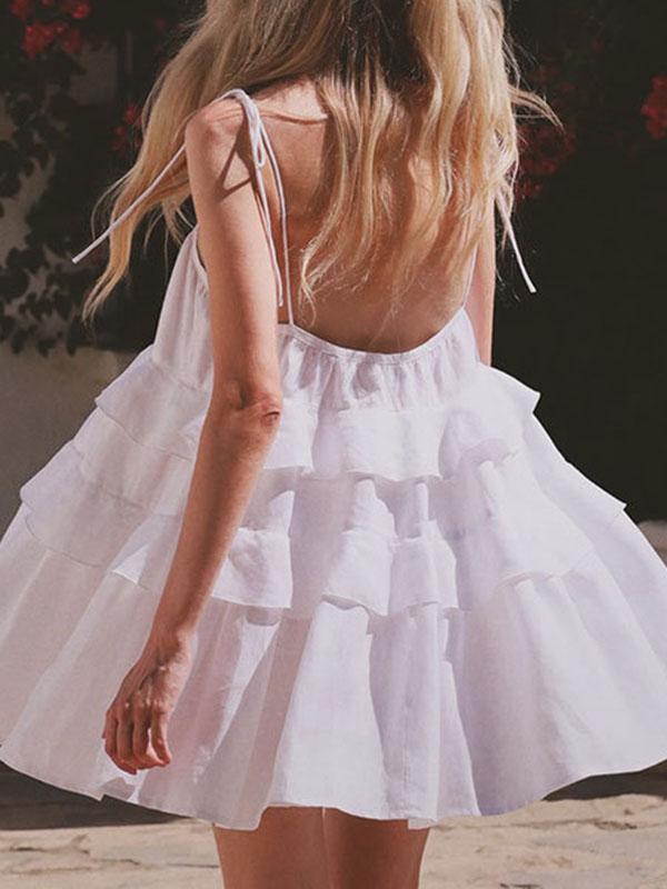 High Waisted Loose Backless Layered Pleated Solid Color Tied Spaghetti-Neck Mini Dresses Product Image