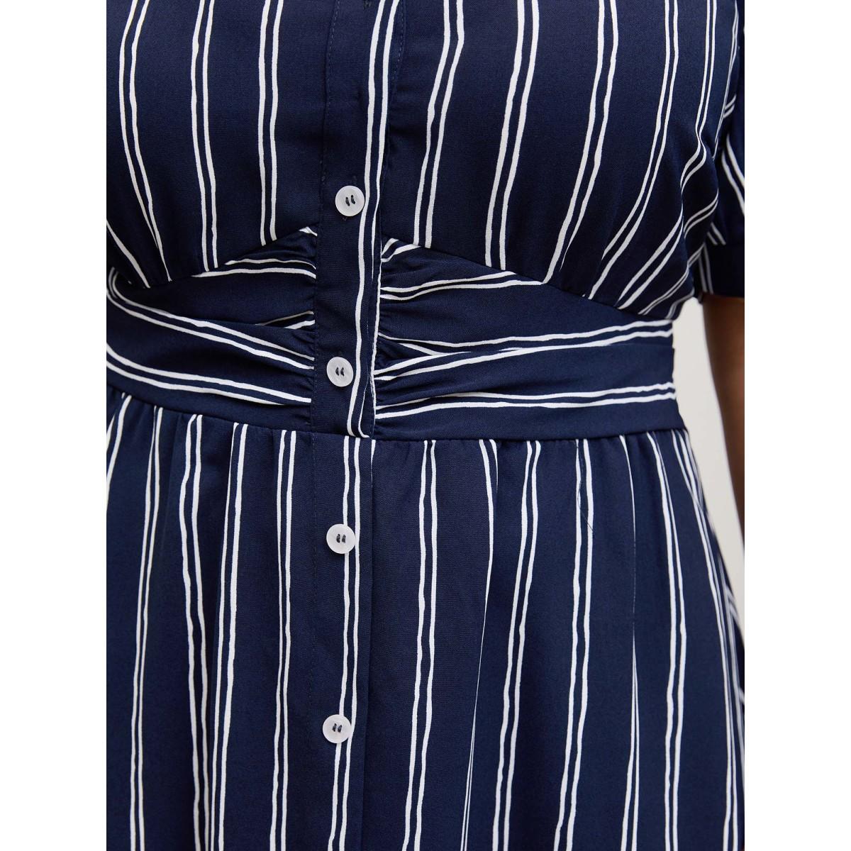 Plus Size Striped Waist-Cinched Pockets Midi Dress Indigo Women Pleated Shirt collar Short sleeve Curvy BloomChic 14-16/1X Product Image