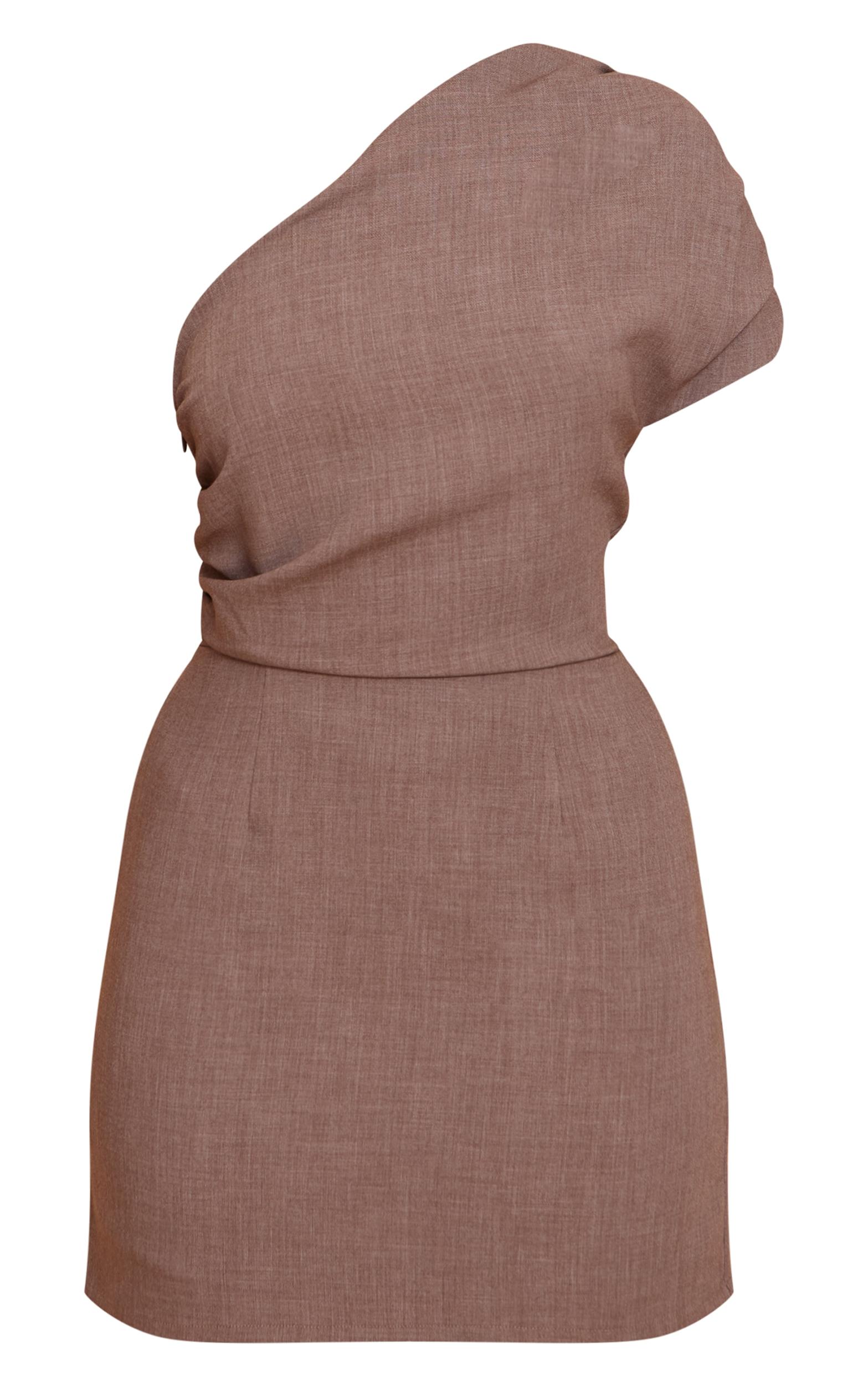 Taupe Woven Ruched One Shoulder Mini Dress Product Image