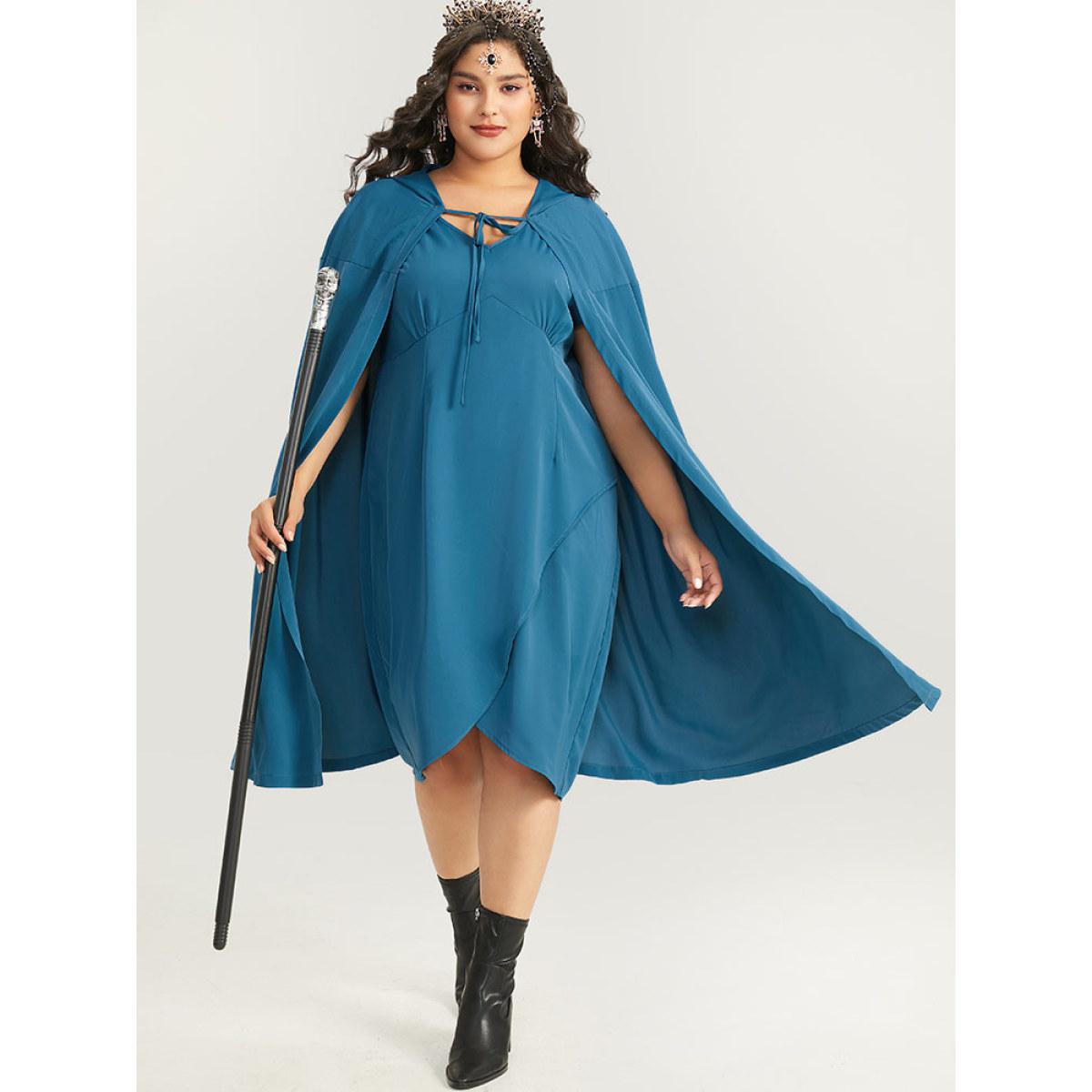 Plus Size Halloween Plain Knot Hooded V Neck Ties Wrap Hem Dress Aegean Women Elegant Wrap V-neck Sleeveless Curvy Midi Dress BloomChic 18-20/2X Product Image