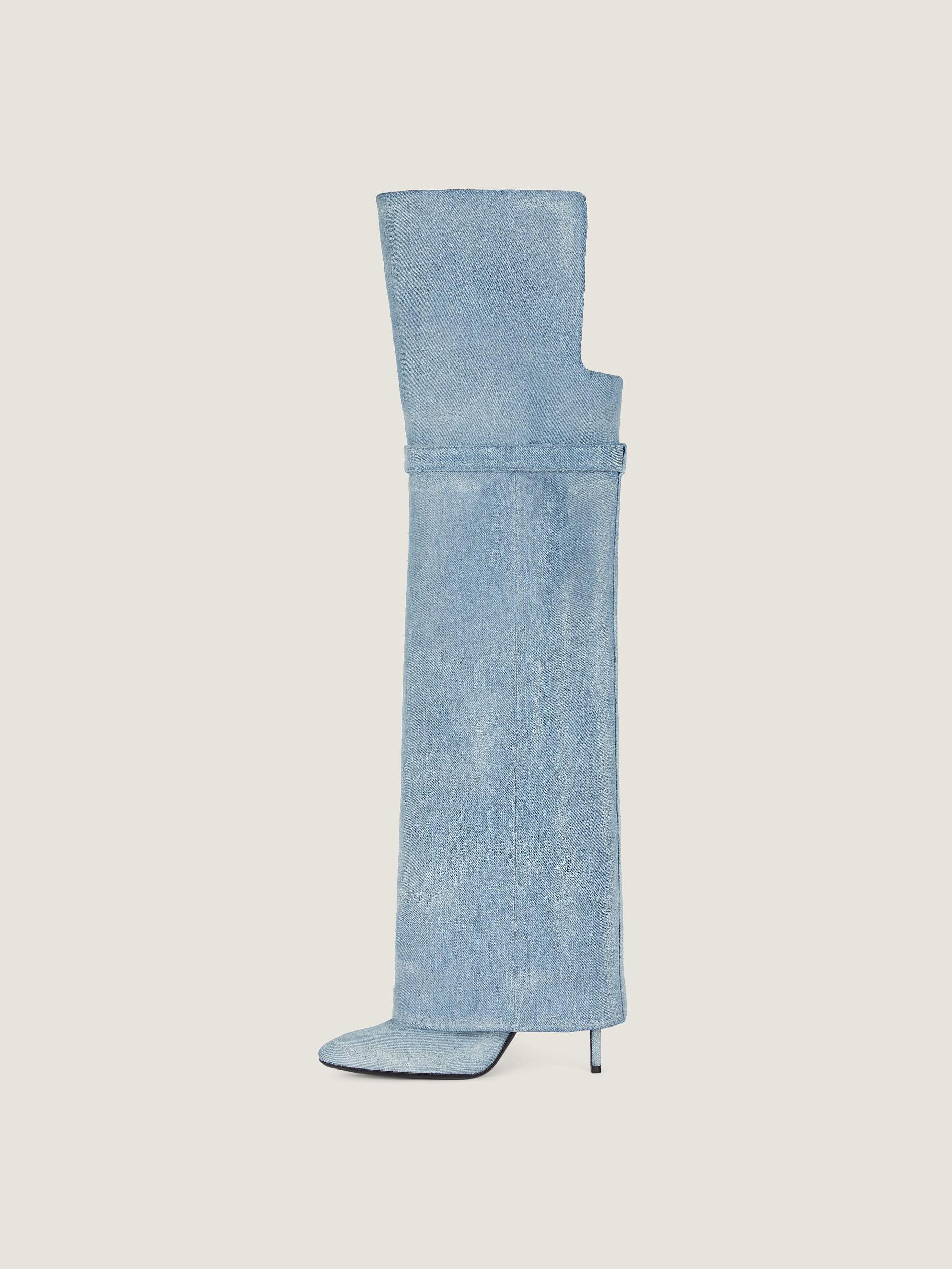 Shark Lock Stiletto over-the-knee boots in washed denim Product Image