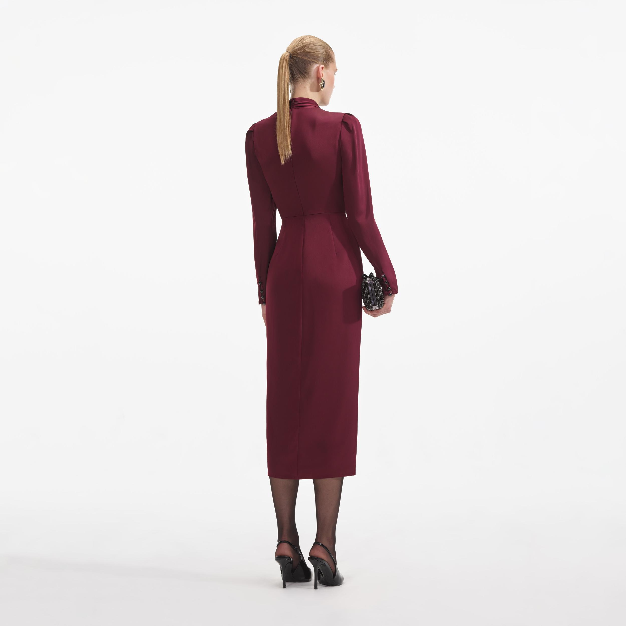 Burgundy Satin Midi Dress Product Image