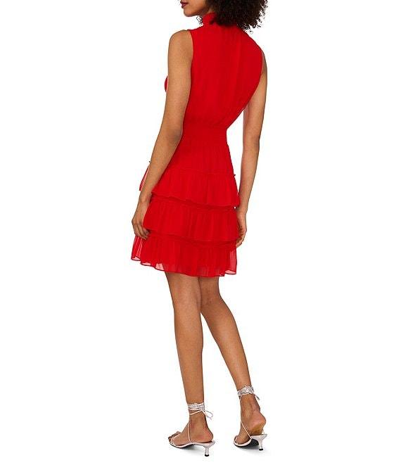 1. STATE Smocked Mock Neck Sleeveless Ruffle Tiered Mini Dress Product Image