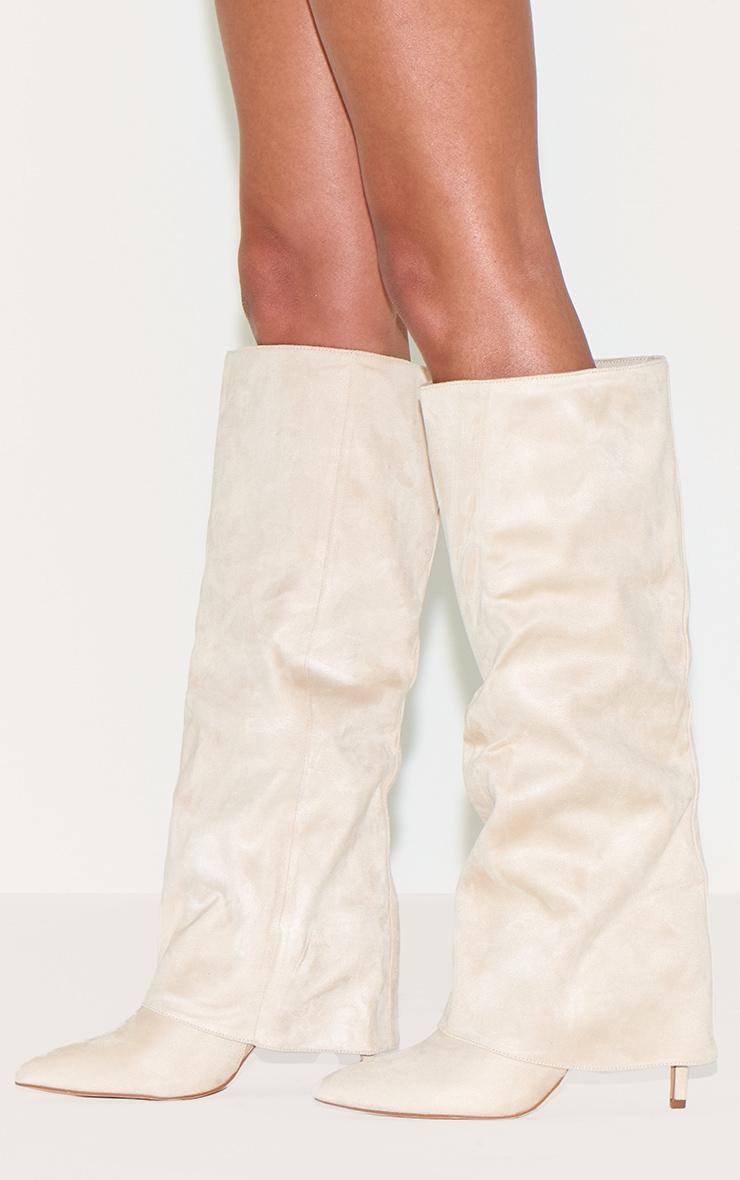 Stone Faux Suede Point Toe Fold Over High Stiletto Knee High Heeled Boots Product Image