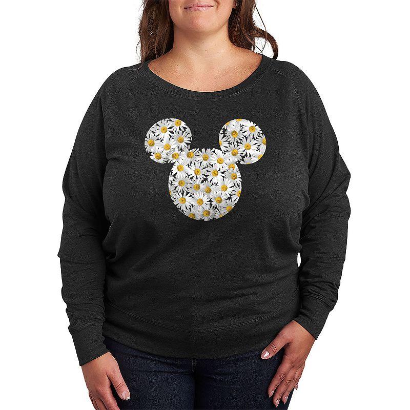 Disneys Mickey Mouse Plus Size Daisies French Terry Long Sleeve Tee, Womens Heather Grey Product Image
