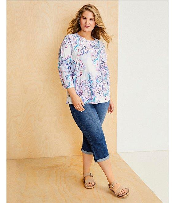 Westbound Plus Size Hazy Paisley Knit 3/4 Sleeve Crew Neck Ribbed Detail Print Top Product Image