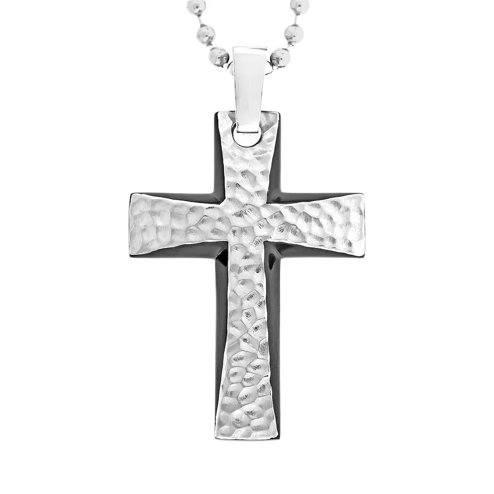 LYNX Stainless Steel Black Ion Hammered Cross Pendant - Men, Men's, Size: 22", Silver Product Image