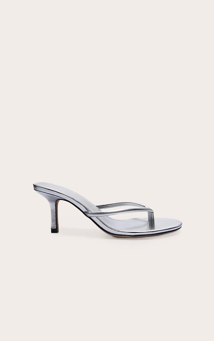 Silver Pu Round Toe Thong Mid Heeled Mules Product Image