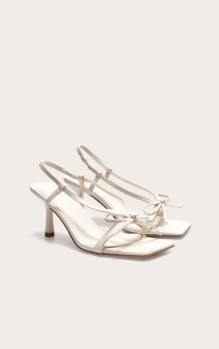Cream PU Square Toe Bow Sling Back Mid Heeled Sandals Product Image