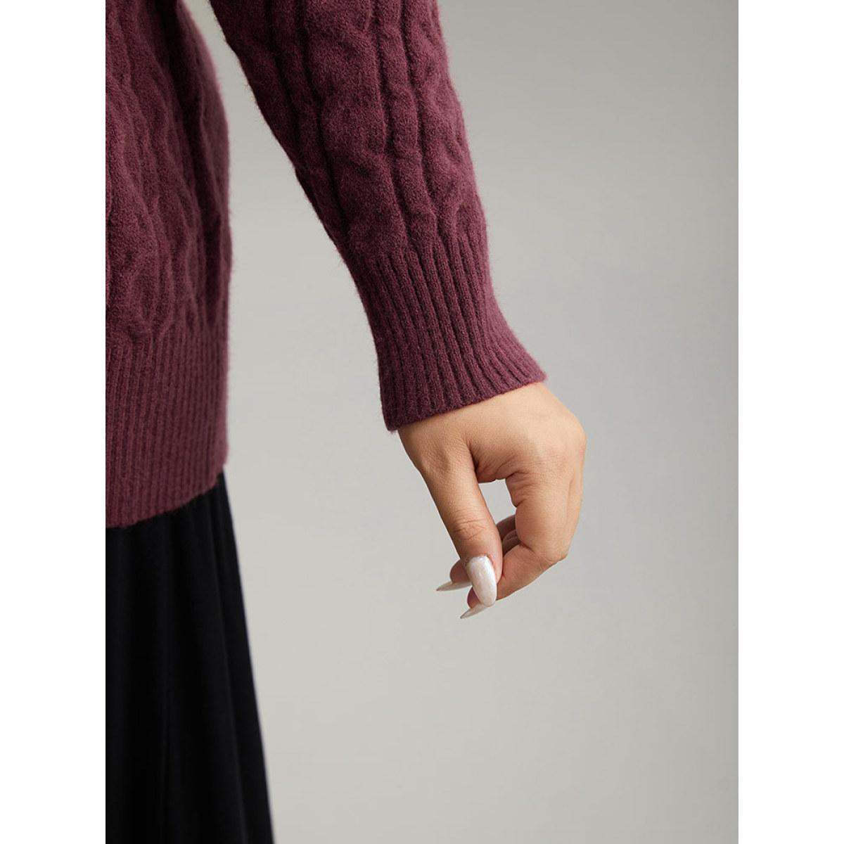 Plus Size Solid Cable Knit Button Fly Cardigan Burgundy Women Casual Loose Long Sleeve Everyday Cardigans BloomChic 14-16/1X Product Image