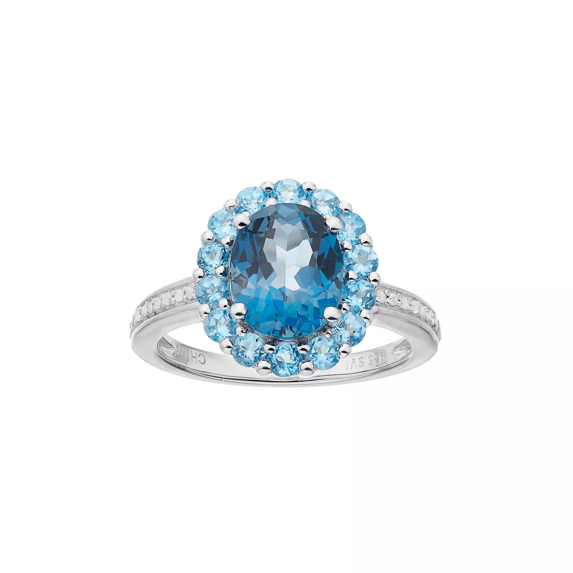 Celebration Gems Sterling Silver London Blue Topaz, Blue Topaz & 1/10 Carat T.W. Diamond Oval Halo Ring, Women's,  Product Image