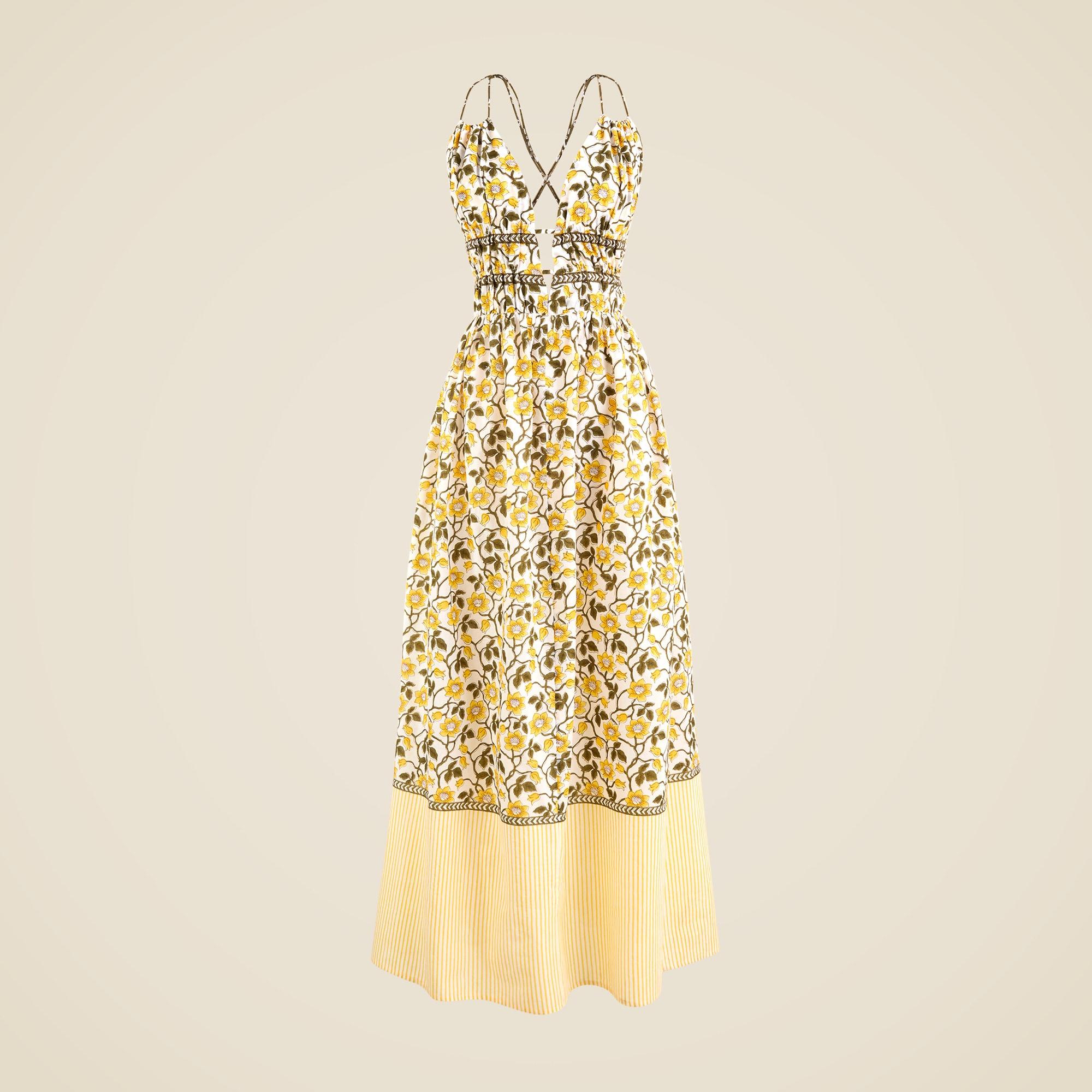 Cotton voile plunge maxi dress in daffodil daze block print Product Image