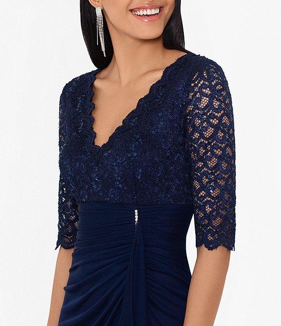 Betsy & Adam Sequin Lace V-Neck 3/4 Sleeve Gown Product Image