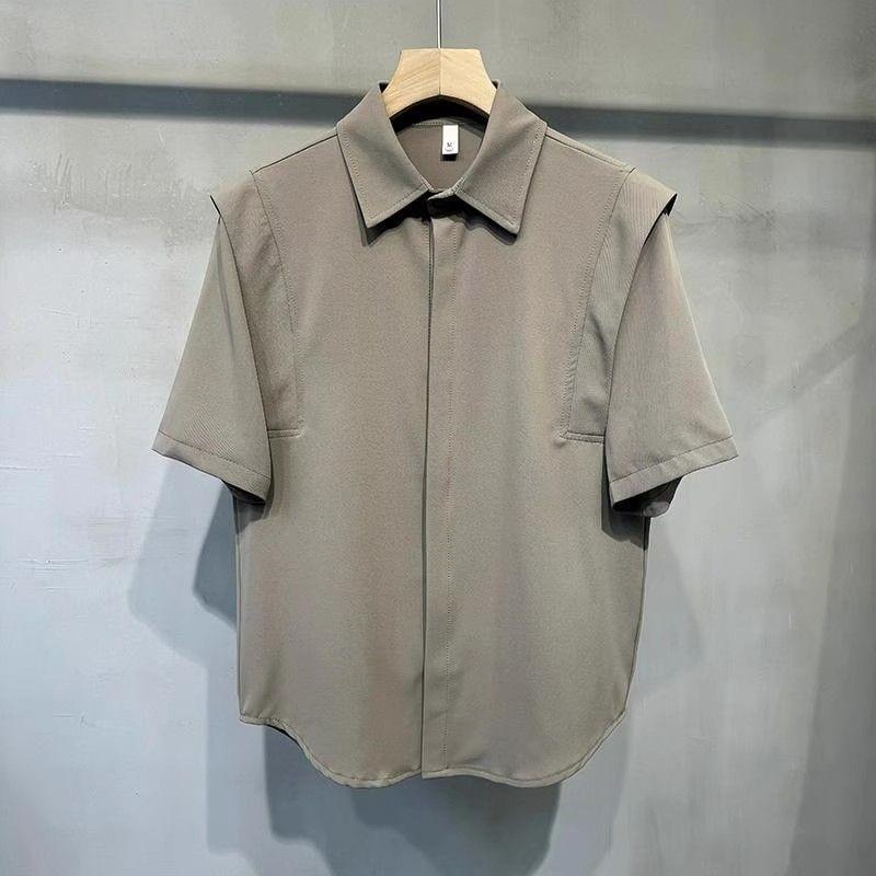 Short Sleeve Collared Plain Panel Shirt Product Image