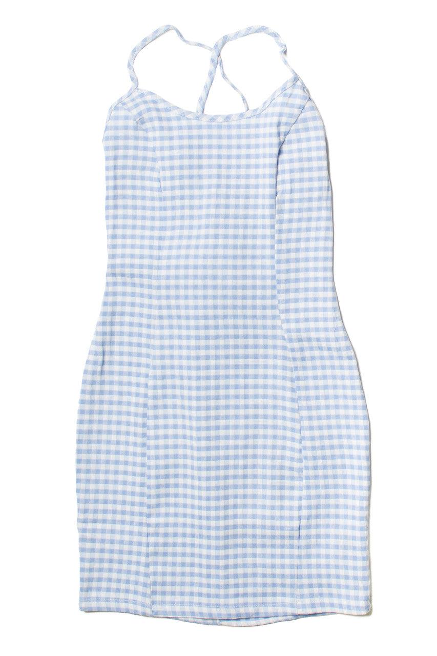 Blue Gingham Lace Up Back Mini Dress Product Image