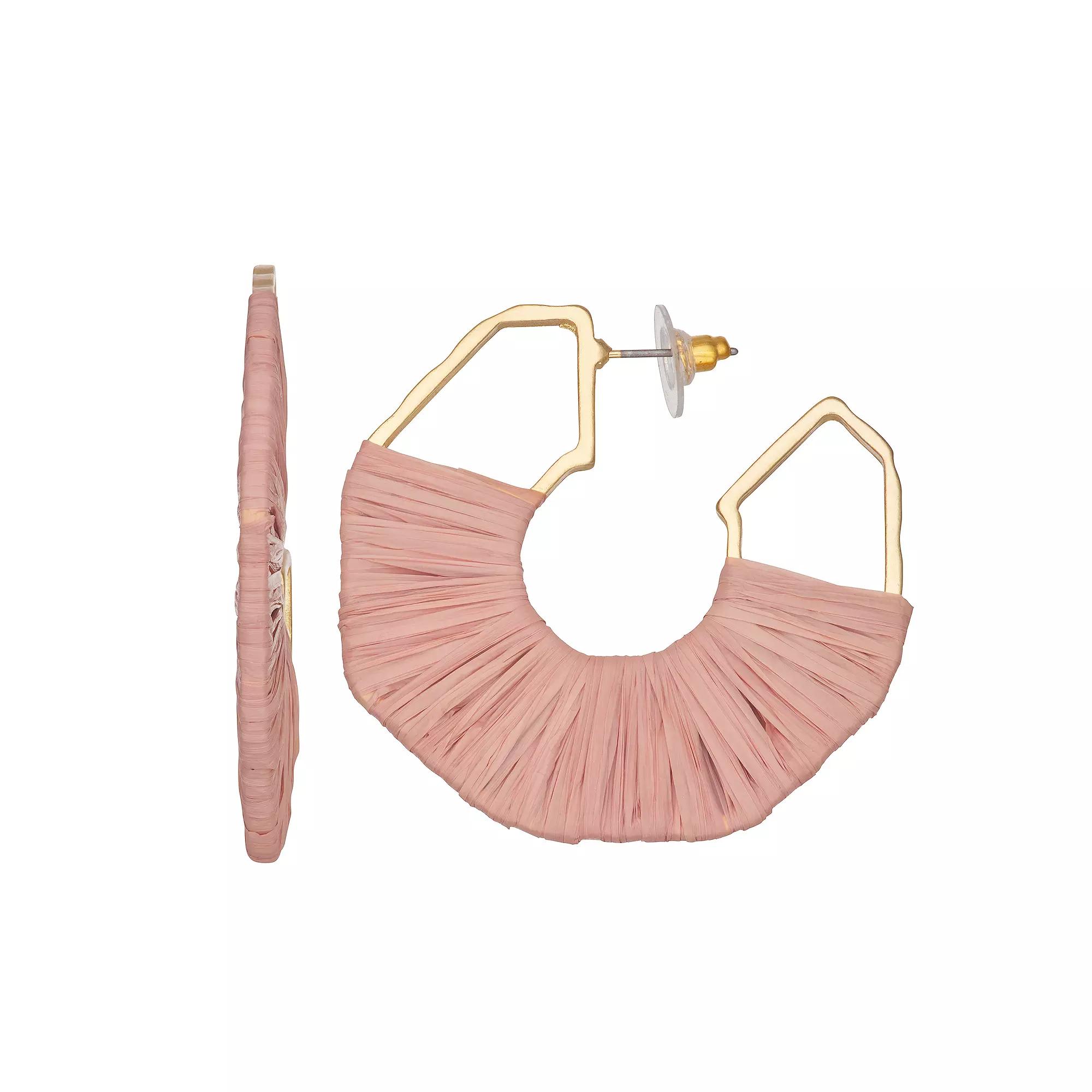 Emberly Gold Tone Raffia Wrapped Geo Hoop Earrings, Women's, Pink Product Image