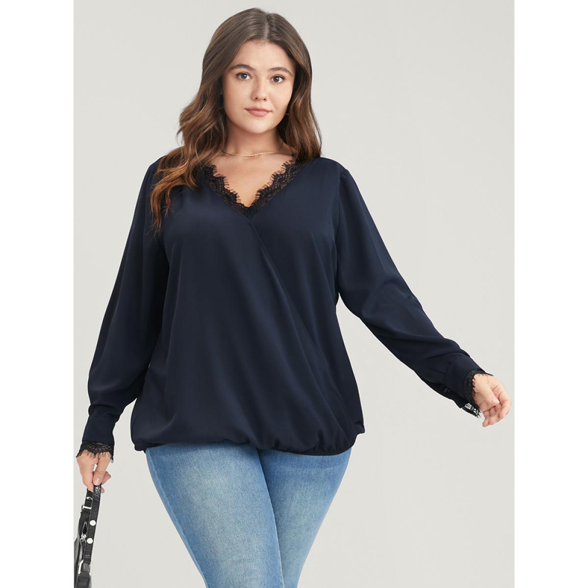 Plus Size DarkBlue Solid Lace Trim Wrap Blouse Women Elegant Long Sleeve V-neck Dailywear Blouses BloomChic 30/6X Product Image