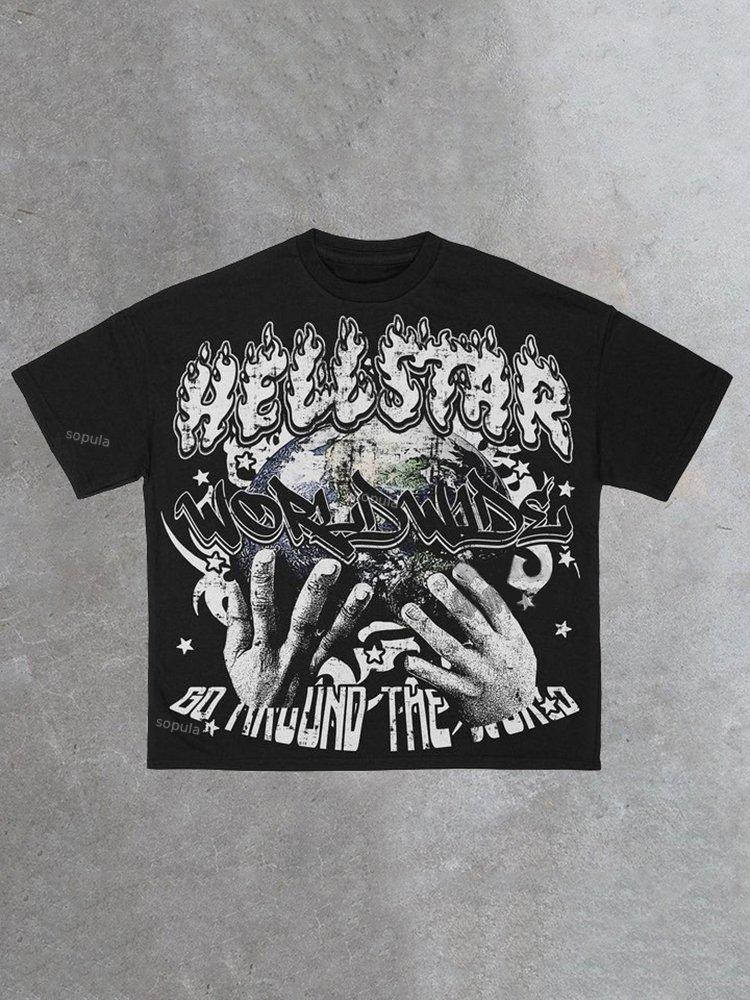 Vintage Heart Star Worldwide Print Graphic Cotton T-Shirt Product Image