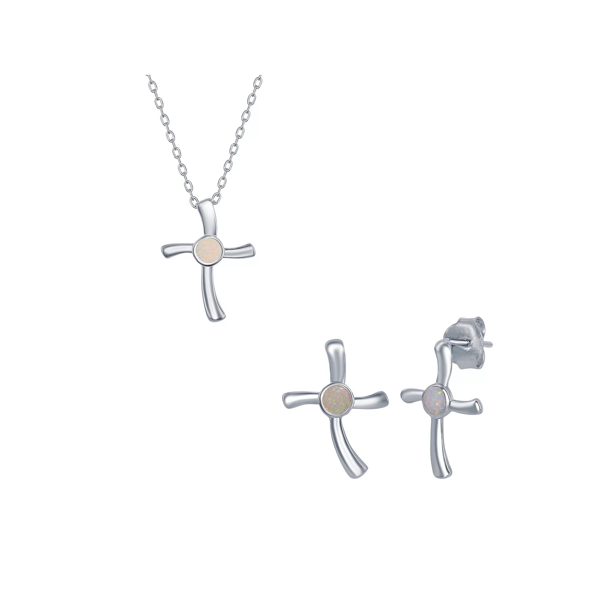 Sterling Silver Lab-Created Opal Cross Pendant Necklace & Earrings Set, Women's, Size: 18", White Product Image
