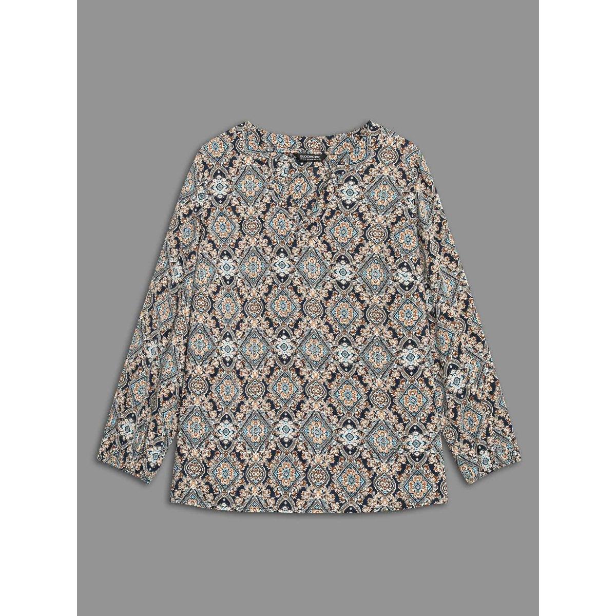 Plus Size Indigo Boho Print Notched Collar Slit Hem Blouse Women Elegant Long Sleeve Notched collar Everyday Blouses BloomChic 18-20/2X Product Image