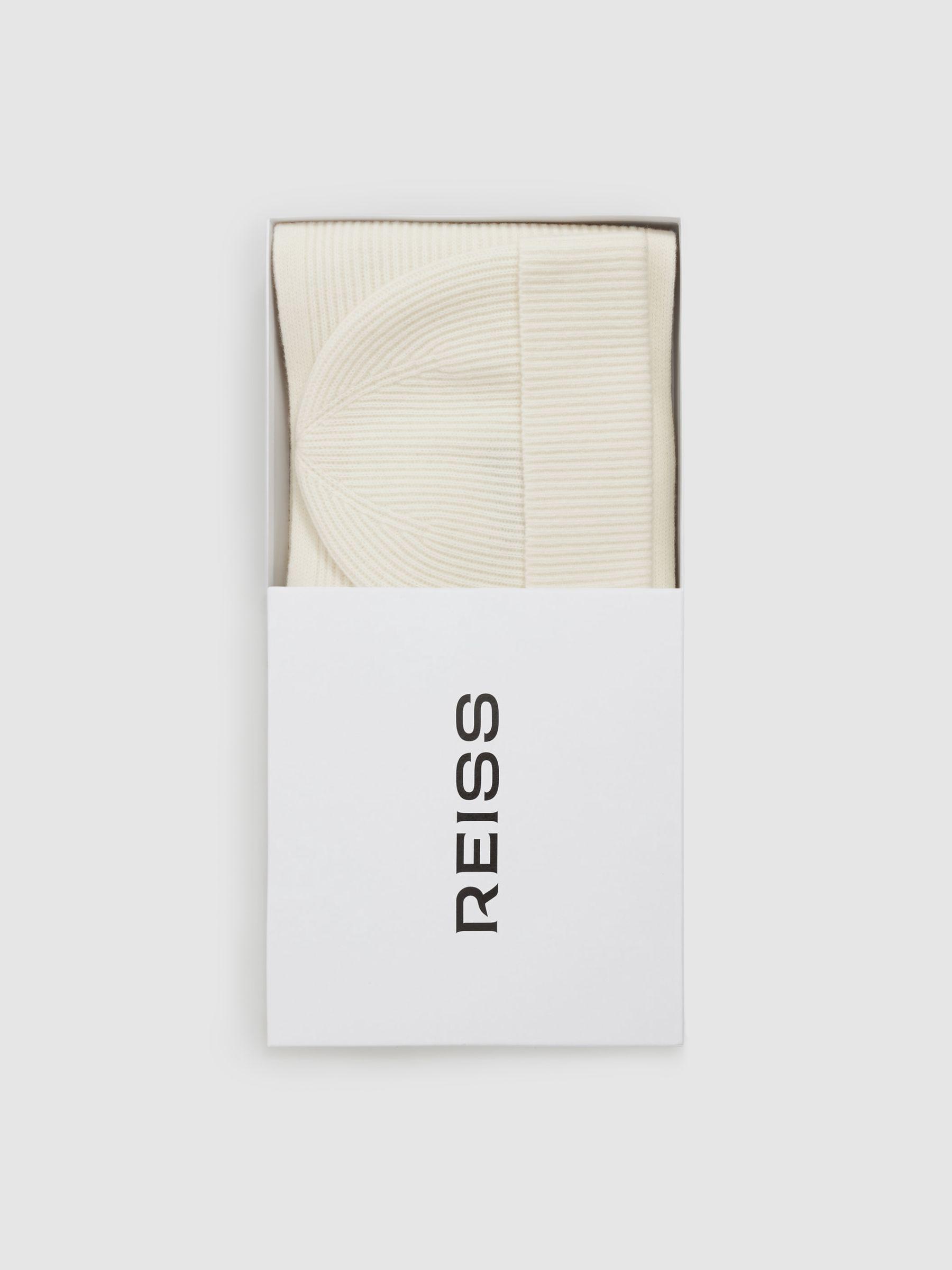 Merino Wool Ribbed Scarf And Beanie Set in Off White Product Image