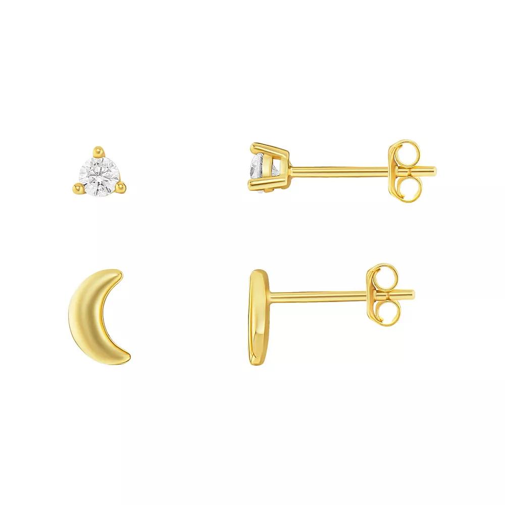 PRIMROSE 24k Gold over Sterling Silver Round Cubic Zirconia Stud Earrings & Polished Crescent Moon Stud Earrings Duo Set, Women's, Gold Tone White Product Image