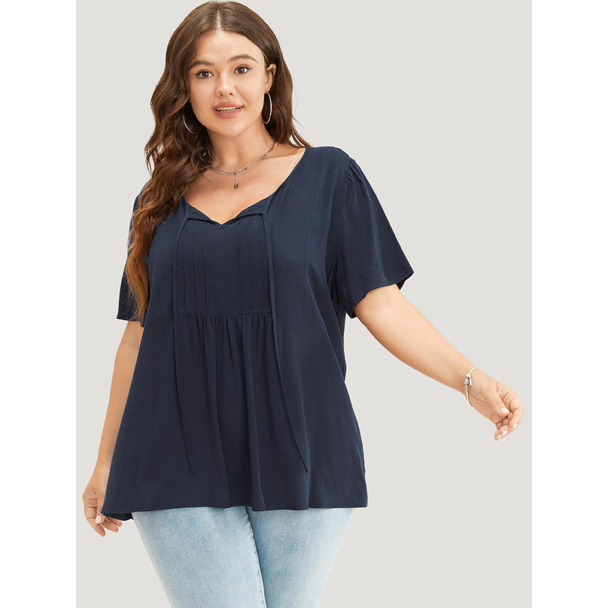 Plus Size Indigo Solid Pleated Detail Tie Neck Ruffle Blouse Women Office Short sleeve Tie Neck Dailywear Blouses BloomChic 10/M Product Image