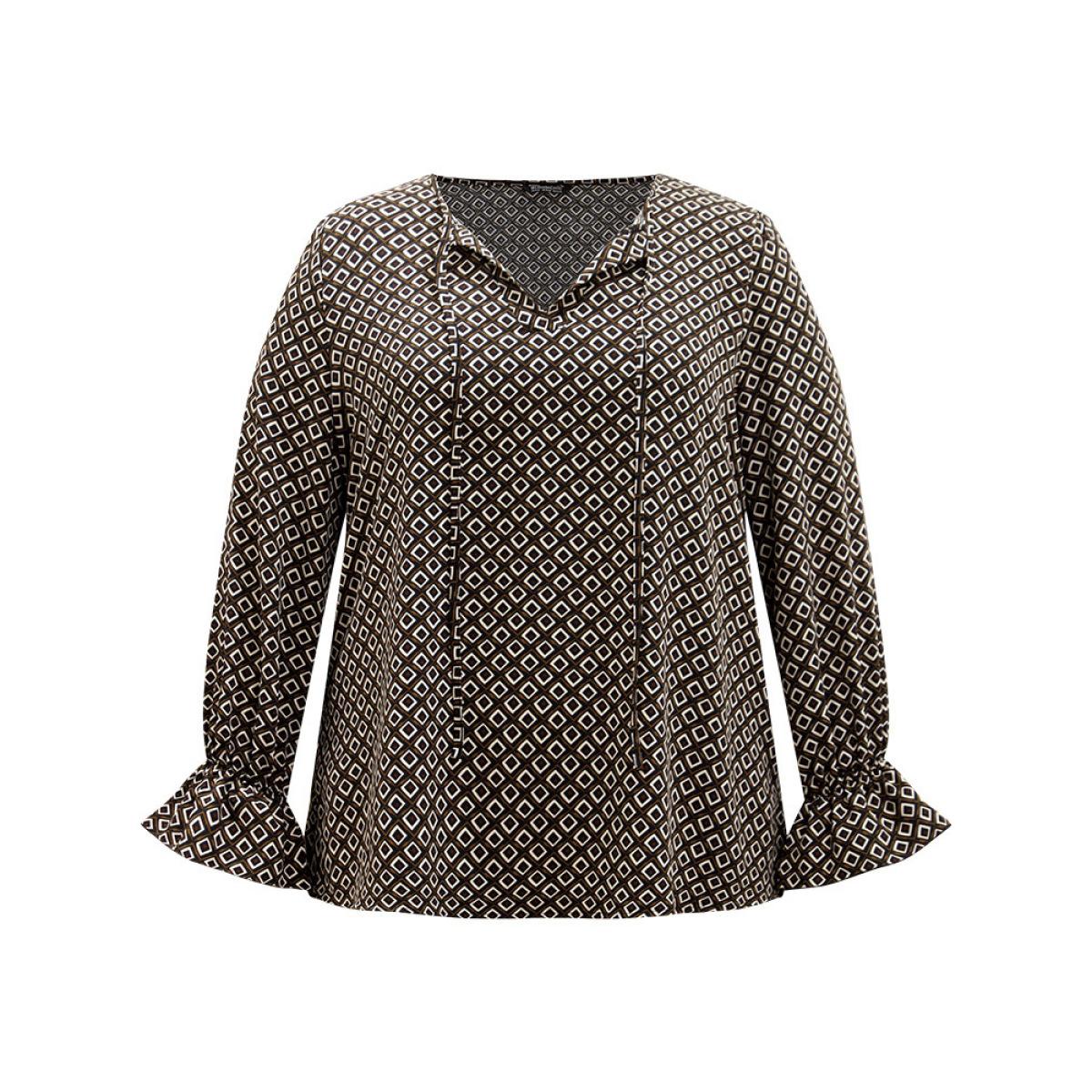 Plus Size Multicolor Geometric Knot Neck Flutter Trim Blouse Women Office Long Sleeve Tie Neck Office Blouses BloomChic 30/6X Product Image