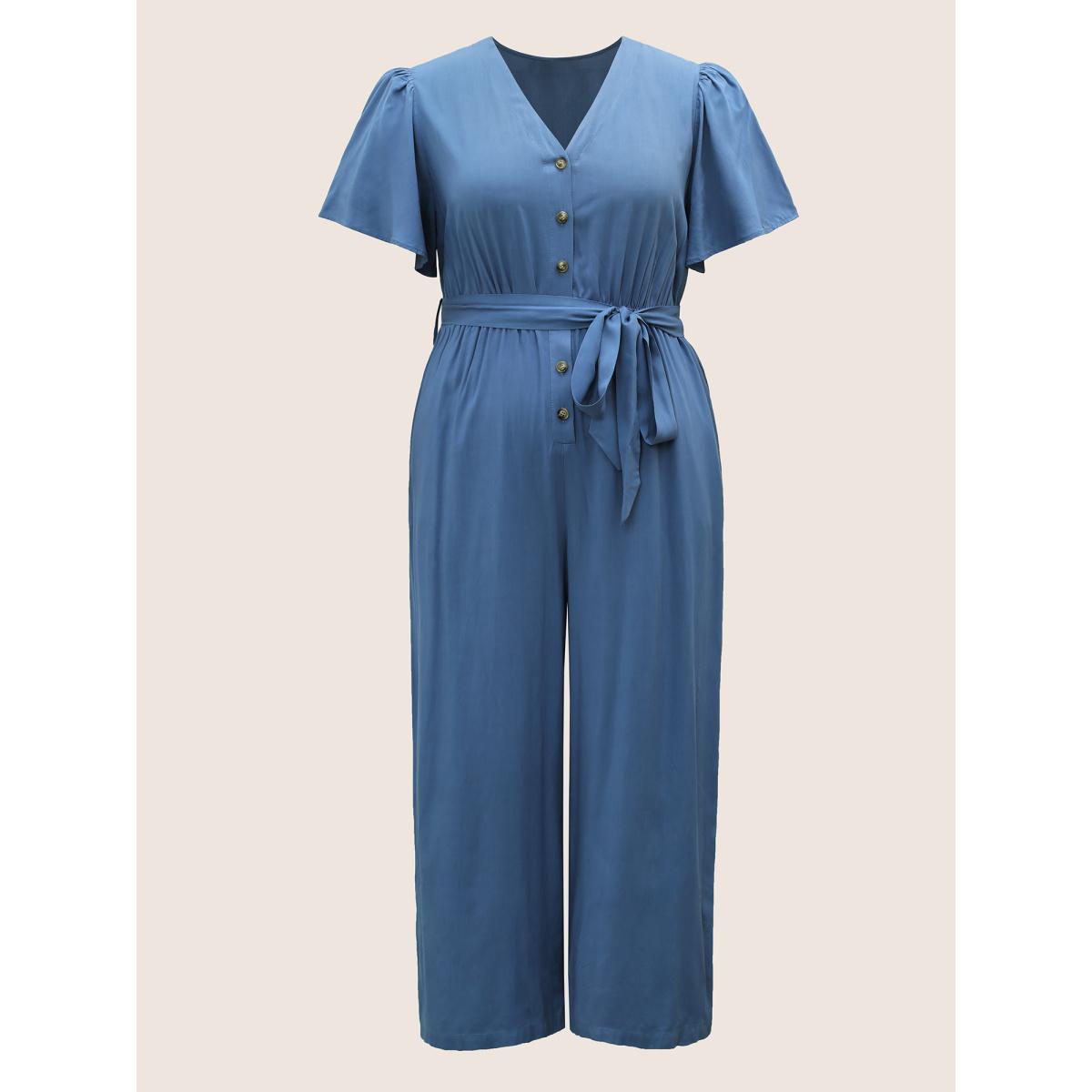 Plus Size Stone Supersoft Essentials Plain Flutter Sleeve Belted Jumpsuit Women Casual Short sleeve V-neck Everyday Loose Jumpsuits BloomChic 14-16/1X Product Image