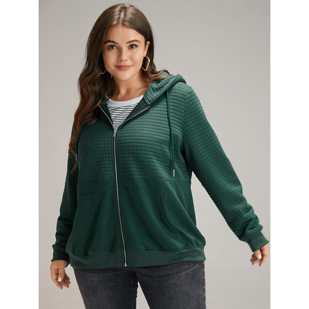 Plus Size Plain Texture Pocket Zipper, Sweatshirt Women DarkGreen Casual Elastic cuffs Hooded Dailywear Sweatshirts BloomChic 26/4X Product Image