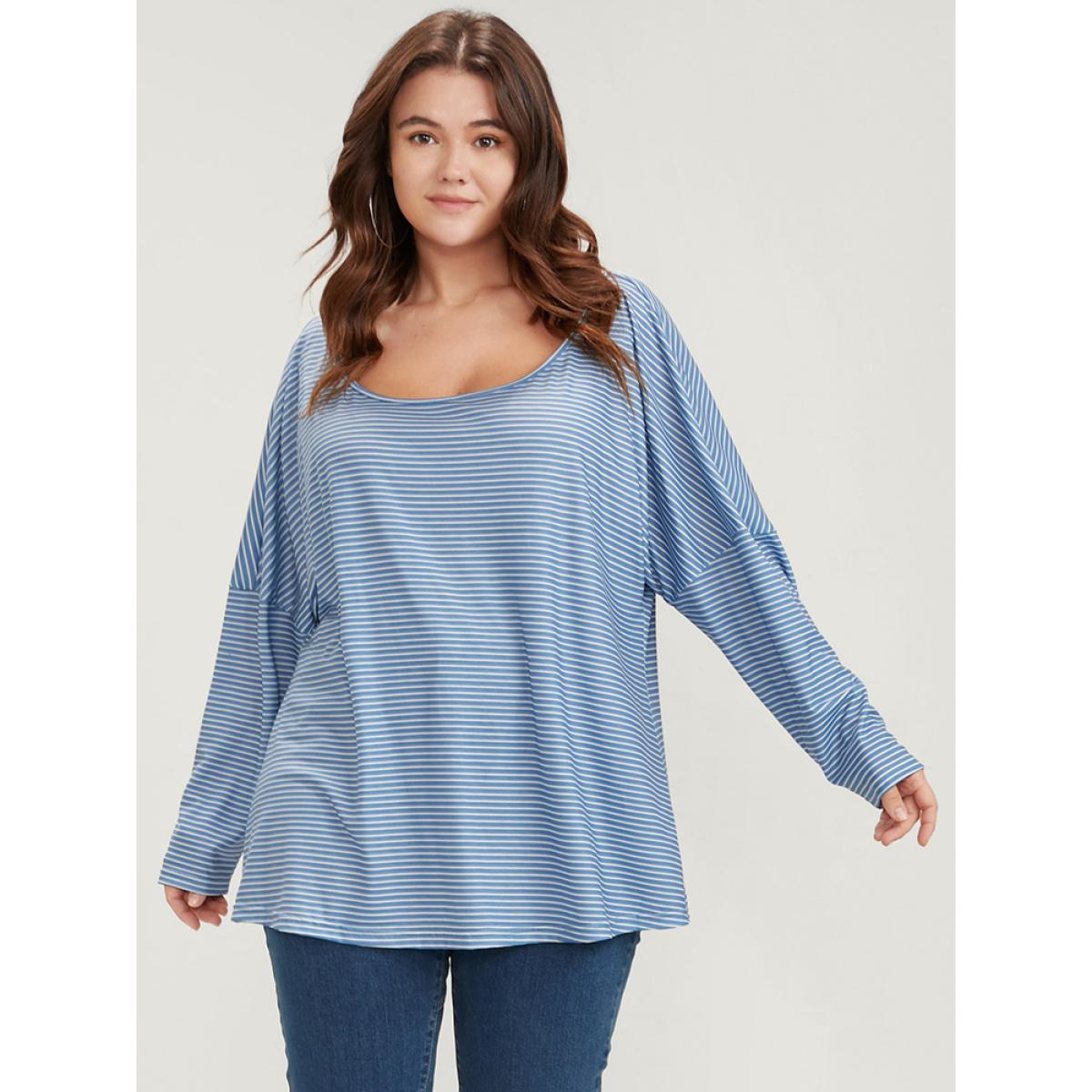 Plus Size Striped Print Scoop Neck Long Tee Blue Women Casual Striped Scoop Neck Loose Dailywear T-shirts BloomChic 12/L Product Image