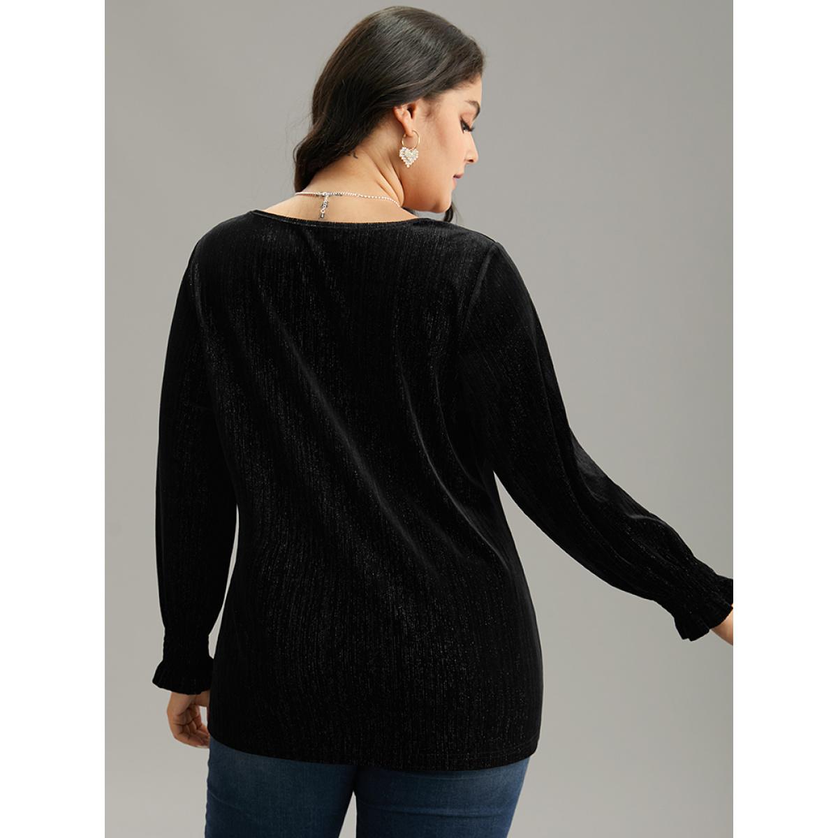 Plus Size Black Solid Velvet Glitter Shirred Ruffles Blouse Women Glamour Long Sleeve V-neck Going out Blouses BloomChic 22-24/3X Product Image
